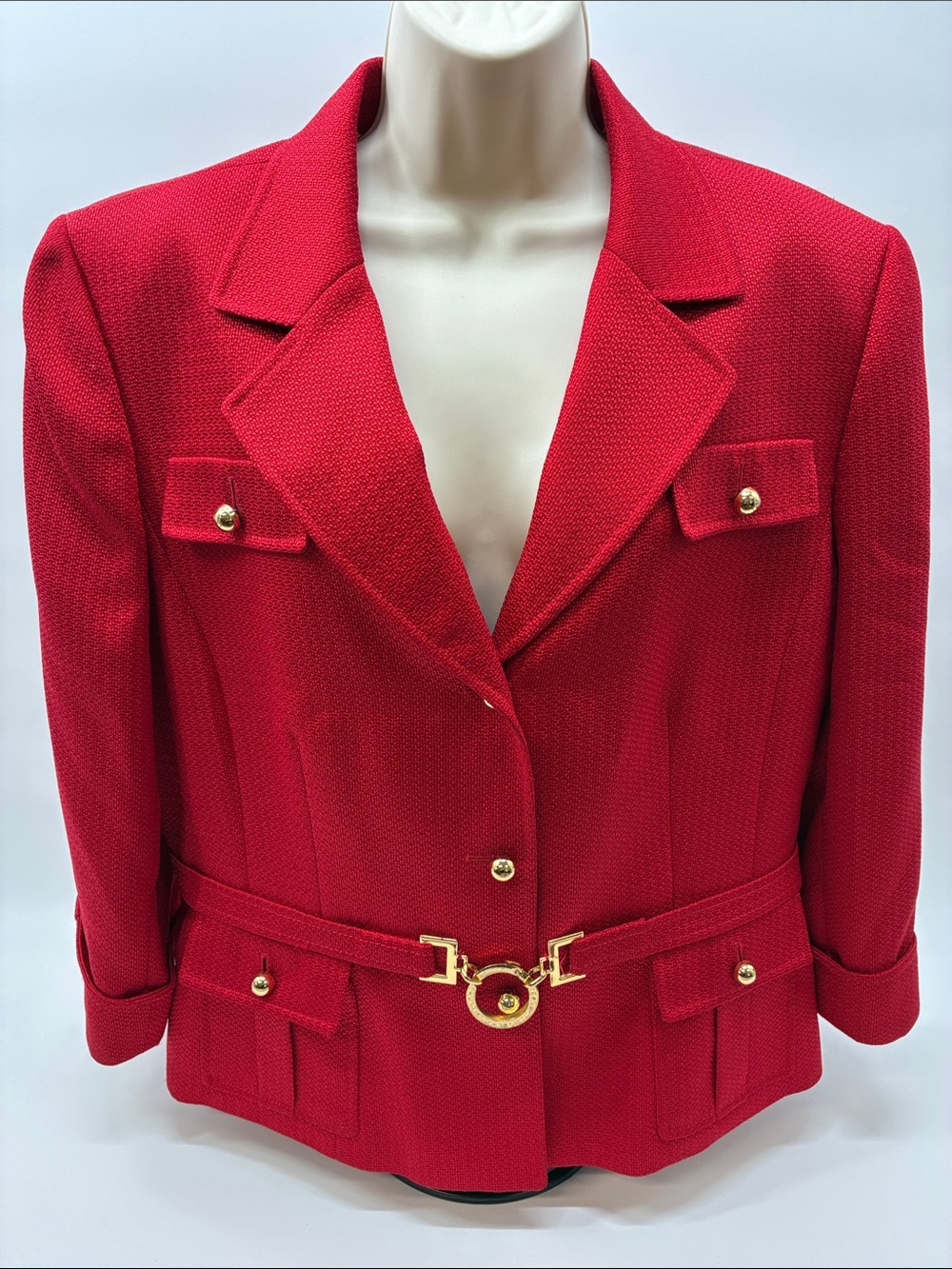 Tahari Red Blazer with Gold Accent Belt
